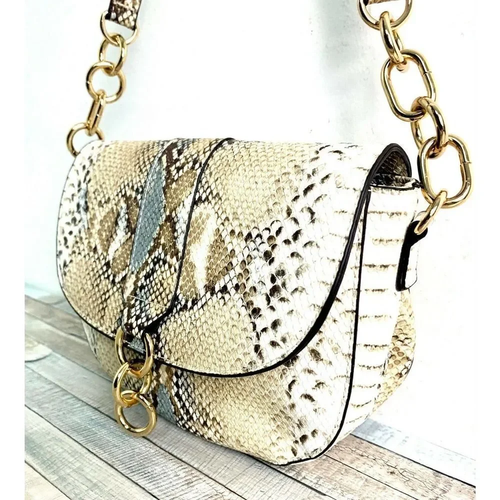 NEW JustFab GRAY BEIGE SNAKE PRINT VEGAN LEATHER MEDIUM FLAP SHOULDER BAG PURSE